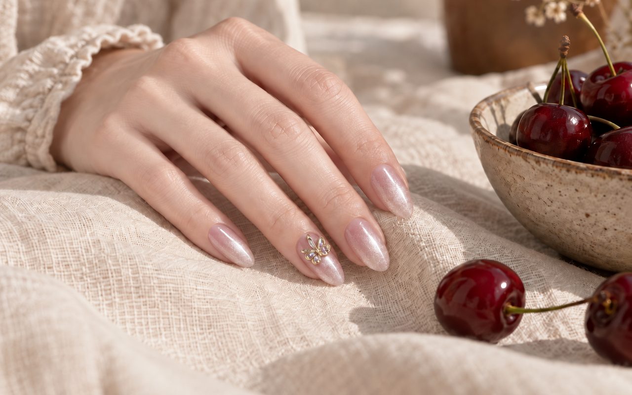 Móng gel dáng hạnh nhân màu nude và đỏ cherry